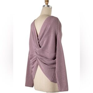 Miracle Lilac V-Neck Twist knot back Long Sleeve Cotton blend knit Sweater